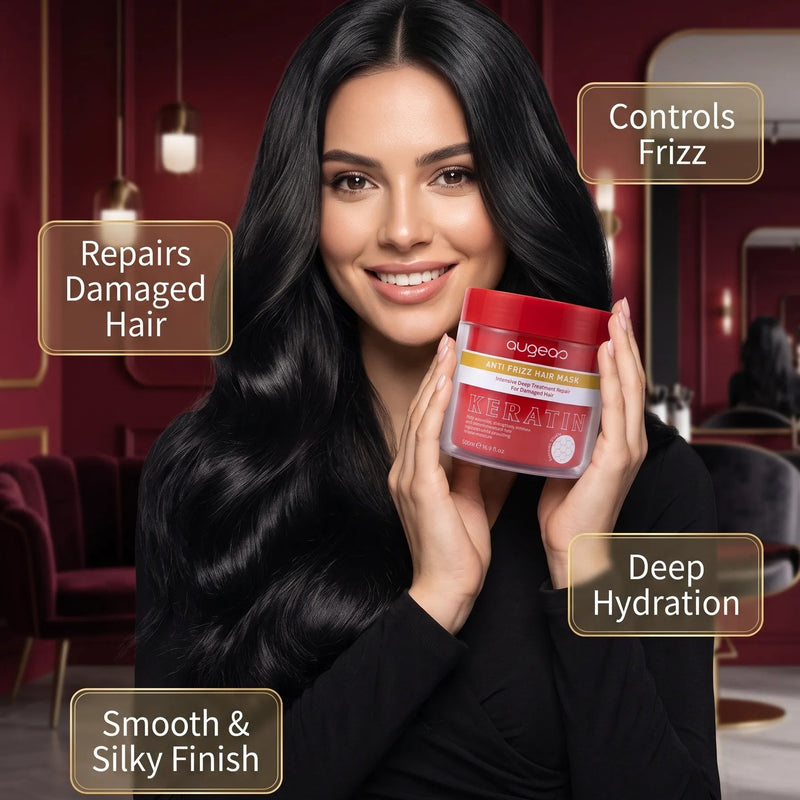 A smiling woman with long, glossy black hair holds a red jar of Guggol Deep Hydration Hair Mask. The image features promotional text overlays highlighting the product's benefits: 'Controls Frizz', 'Repairs Damaged Hair', 'Deep Hydration', and 'Smooth & Silky Finish' against a dark, elegant salon background.